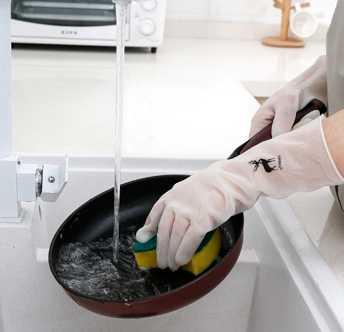 小鹿防水耐用型透白薄款洗碗手套胶皮洗衣服厨房家务塑胶清洁手套六B31-2-4