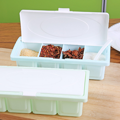 4格调料盒多功能塑料盐味精调料瓶厨房用分隔带勺子/B22-3-3