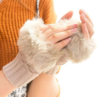 纯色手套冬季兔毛毛线保暖手套半指女士时尚...