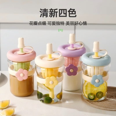 XY-0880清新花朵吸管杯新款玻璃杯牛...